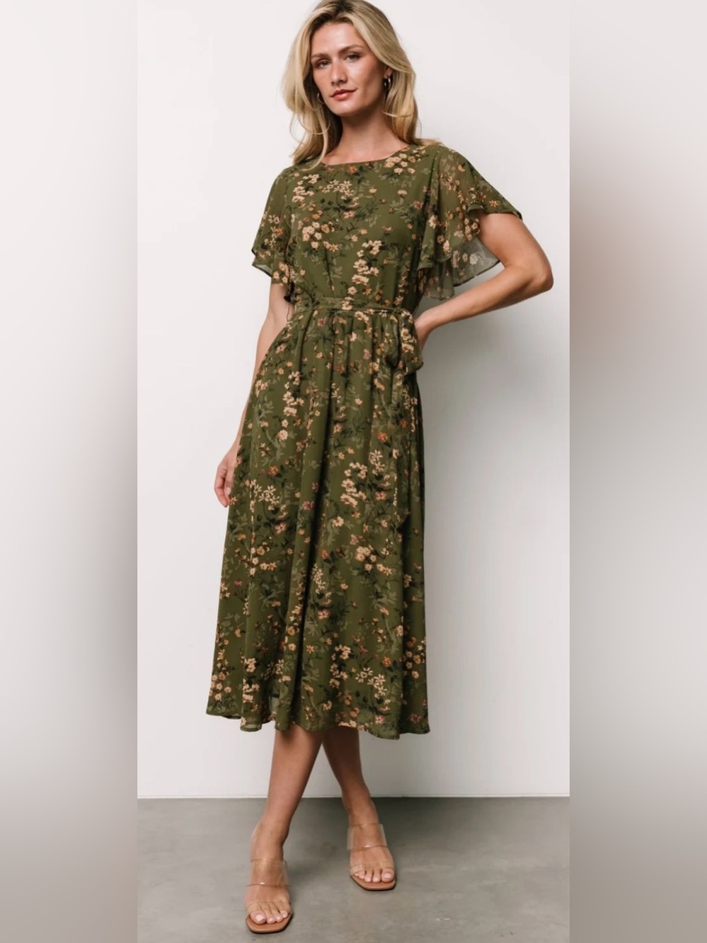 Baltic Born Olive Green Floral Midi Dress with Flutter Sleeves